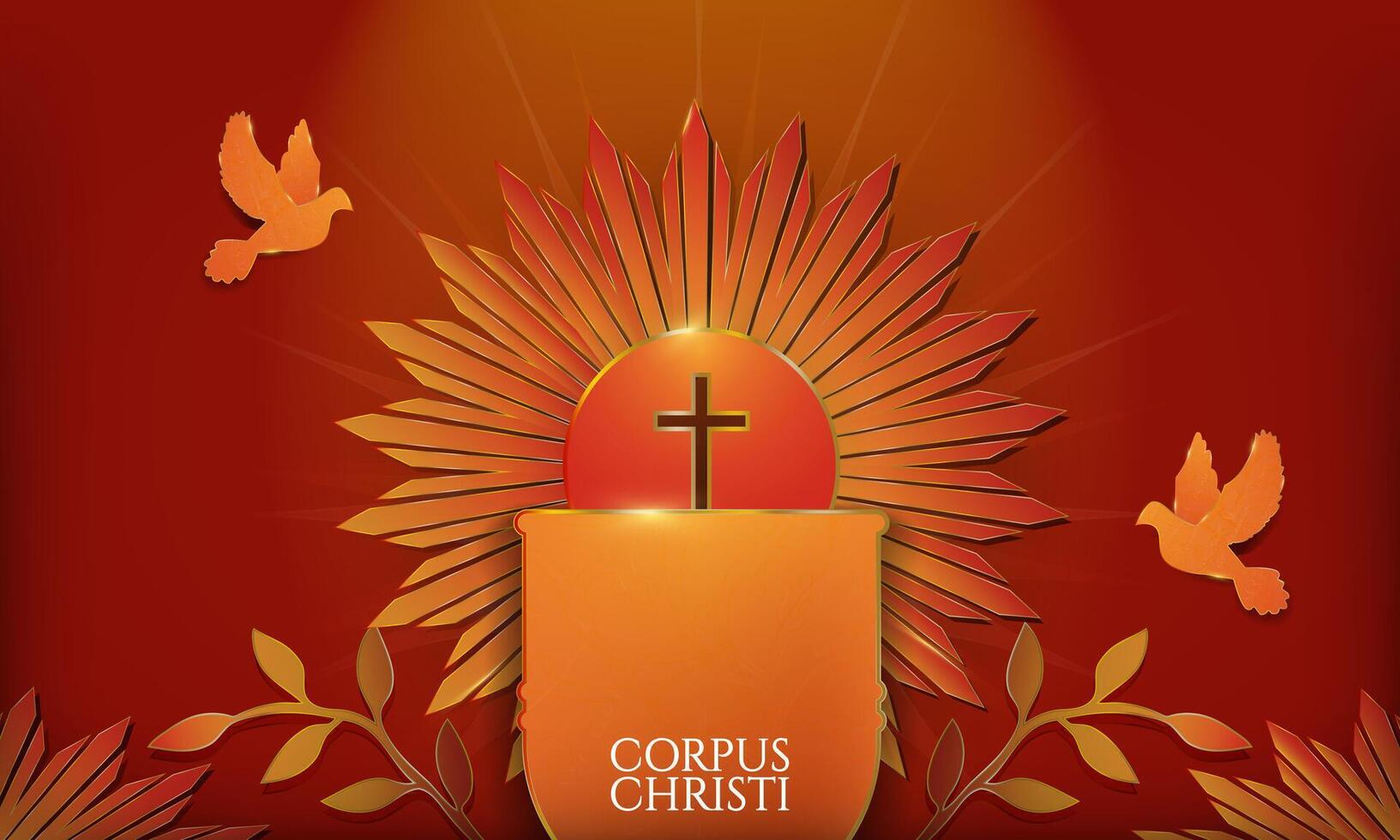 Beautiful Feast of Corpus Christi Banner. Red and Gold Symbols of Eucharist. Communion wafer dipped in the cup of wine framed by elegant metallic rays of a ostensorium, two doves, holy spirit. vector