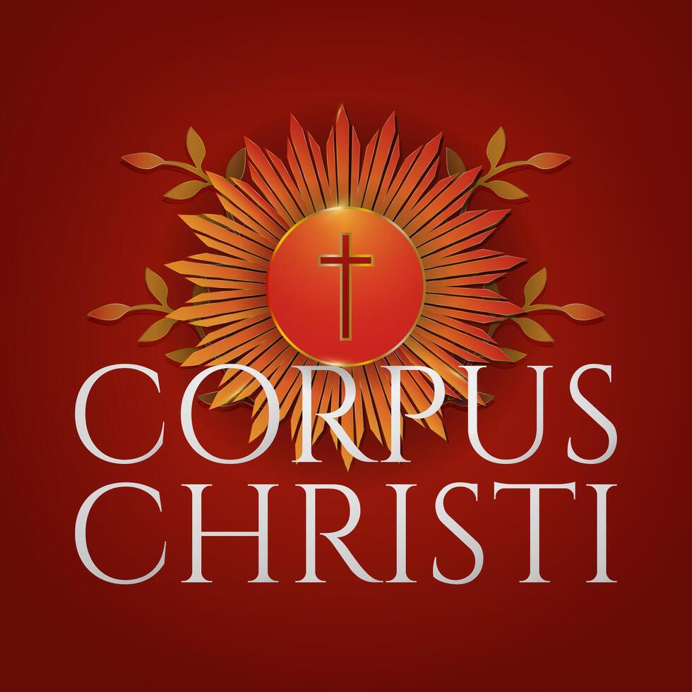 Feast of Corpus Christi Poster. Religious eucharist symbols in red and gold. Communion wafer icon with cross and monstrance rays. Beautiful Corpus Christi Greeting Card. vector