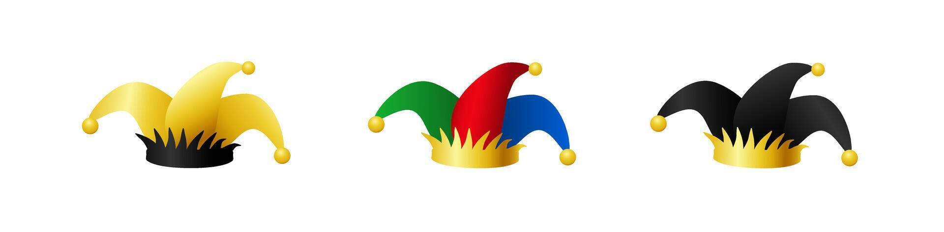 Clown jester hats set. Carnival colorful harlequin headdress vector
