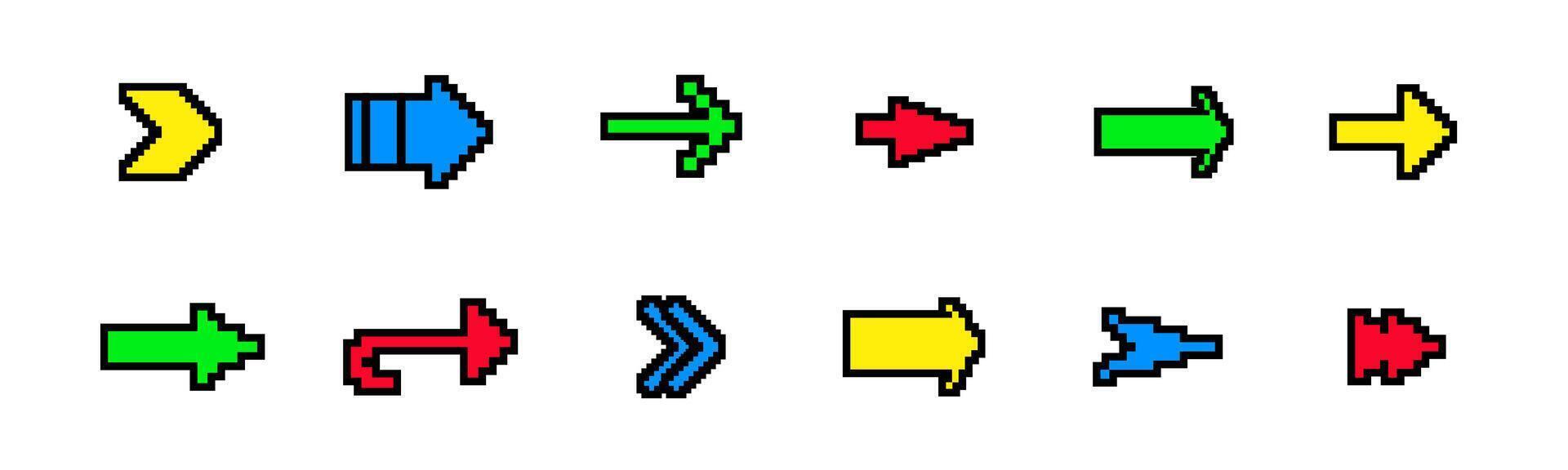 8 bit arrow sticker icon. Pixel retro arcade game forward arrow vector