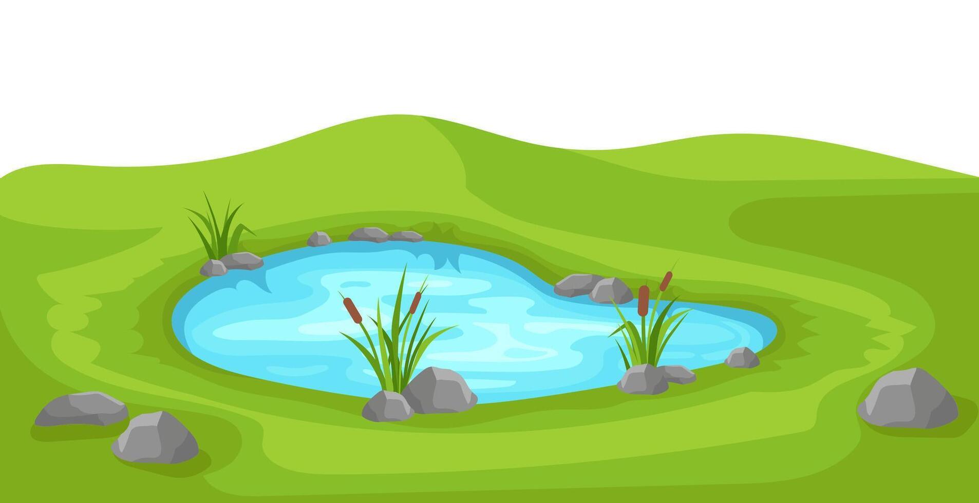 Pond on green lawn with reeds vector