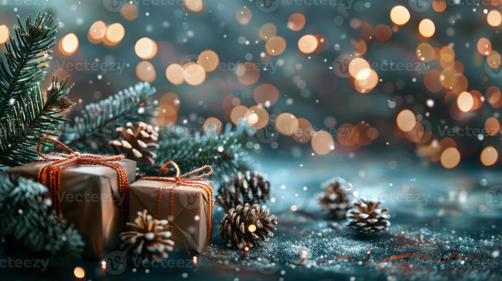 christmas and new year background - gift boxes and pine cones and branches on the background of bokeh garlands. photo