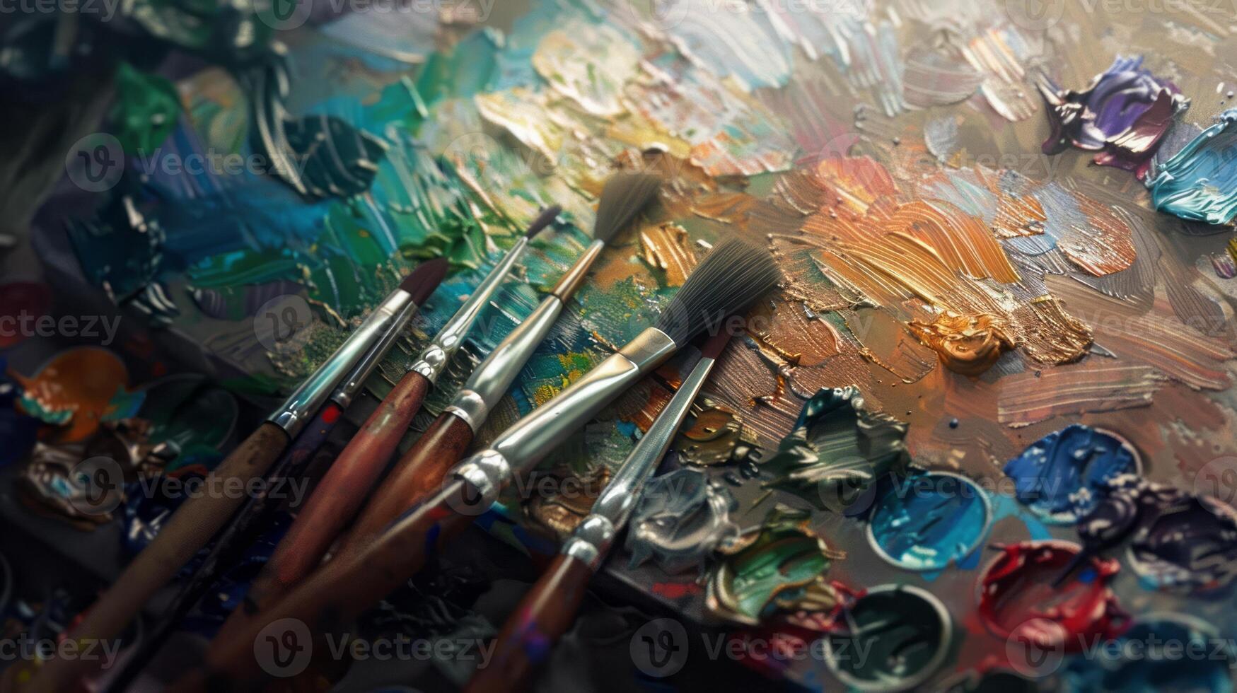 Artistic Tools Engaging visuals showcasing essential tools of the trade, including brushes, palette, and paints photo