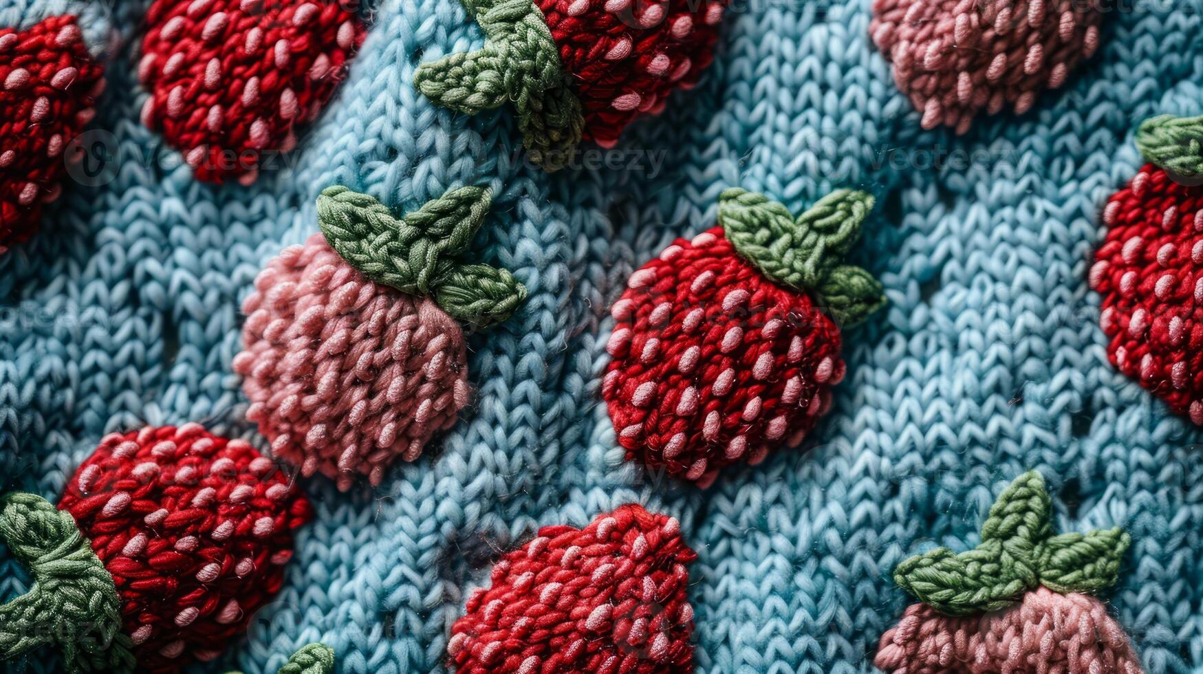 Knitted fabric with a strawberry pattern, photographed from directly above, fabric pattern photo