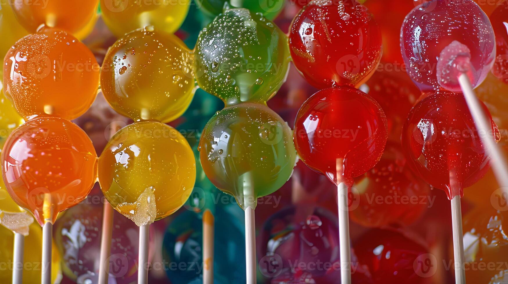 Close-up shots of a vibrant and colorful display of lollipops, capturing the details of different flavors photo