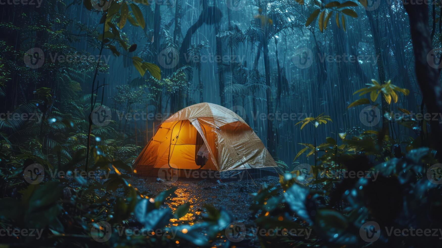 rain on the tent in the forest, tropic, quiet, calm, peaceful, meditation, camping, night, relax. photo