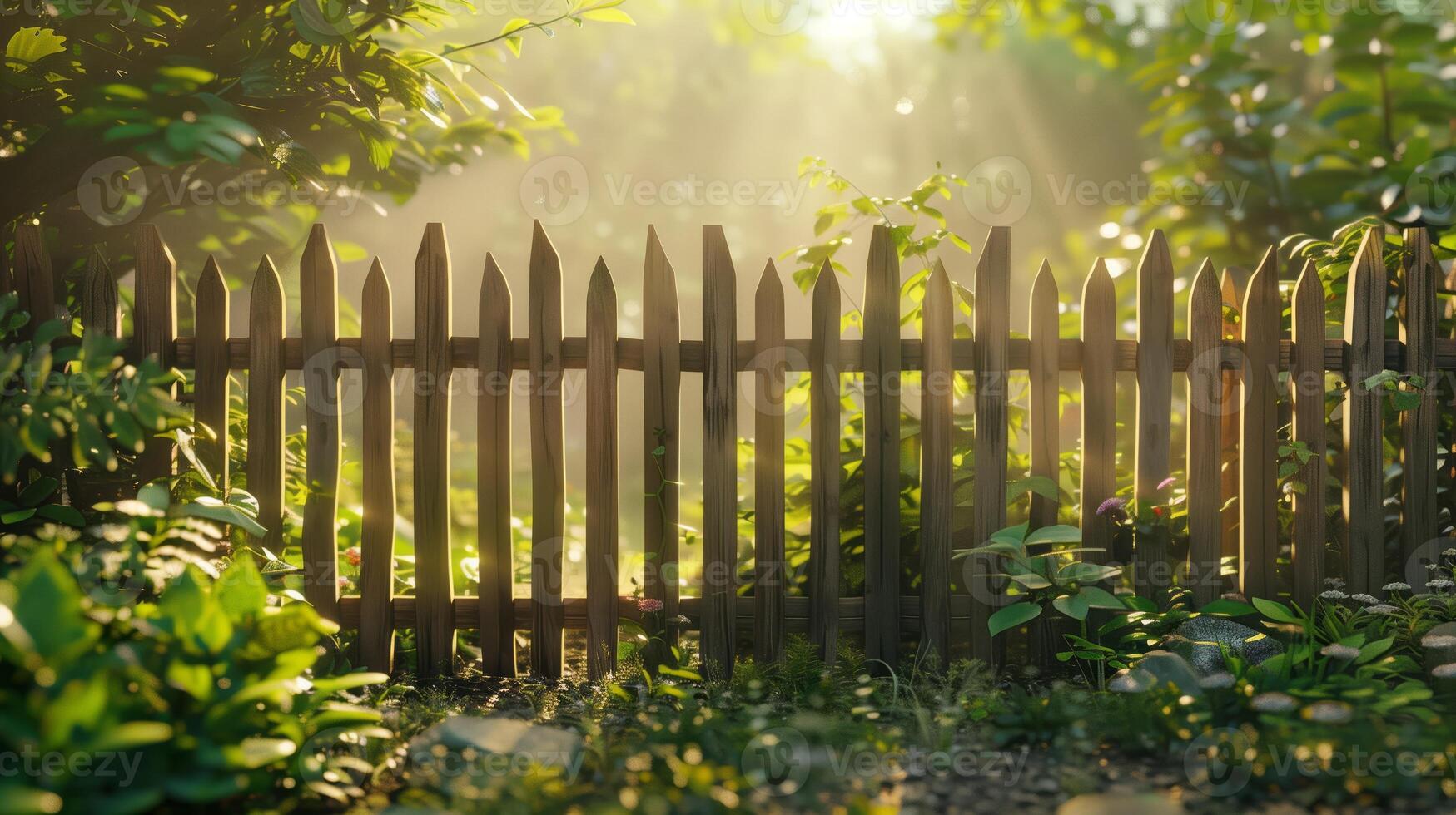 Serene garden scene with sunlit wooden fence and lush greenery in early morning. photo