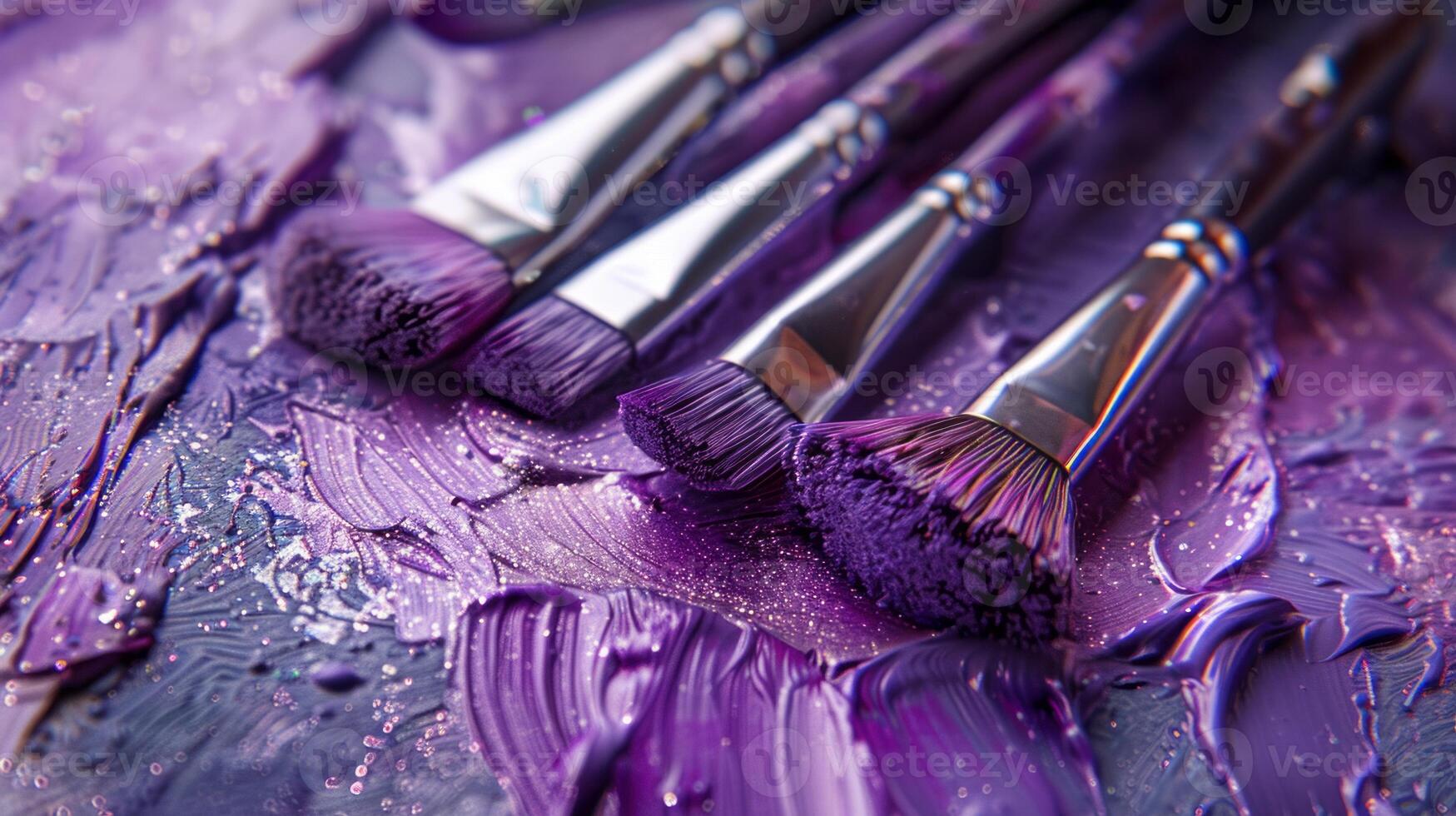 A collection of brushes set on a palette with shimmering violet paint photo