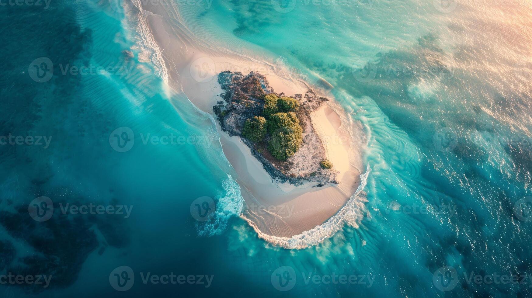 A breathtaking aerial view of a sandy island surrounded by crystal clear Caribbean water. The natural landscape includes a beautiful beach and fluid wind waves photo