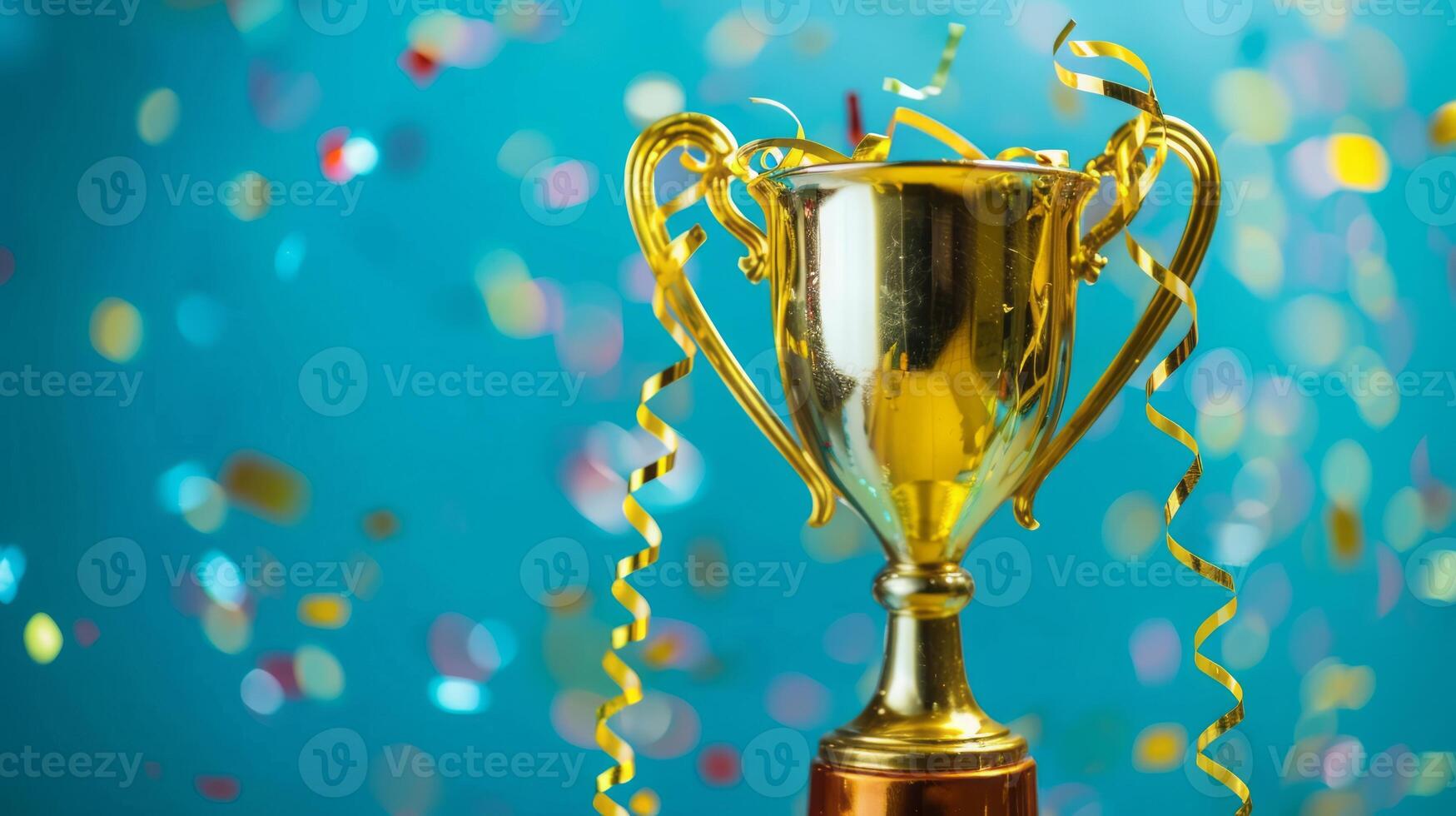 Golden trophy and streamers, business and competition concept, blue background. photo
