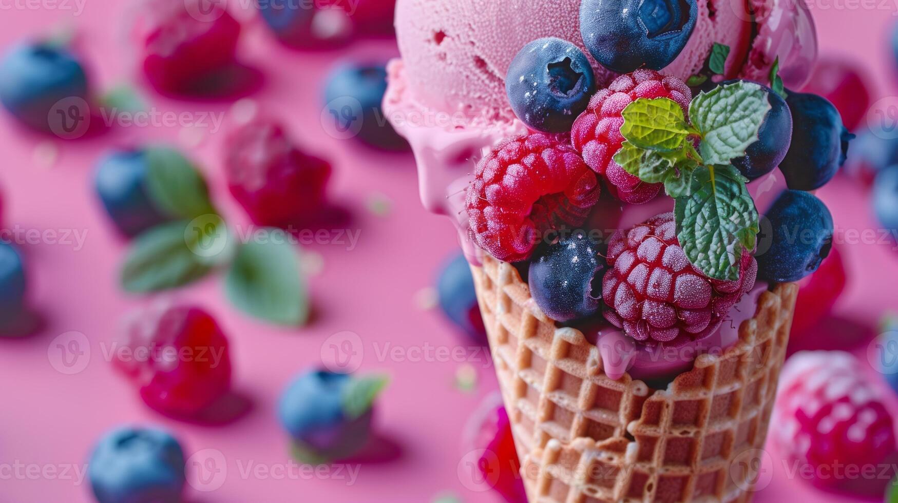 An ice cream cone adorned with blueberries, raspberries, and mint set against a vibrant backdrop, serving as a representation of a cool and fruity summer treat. photo