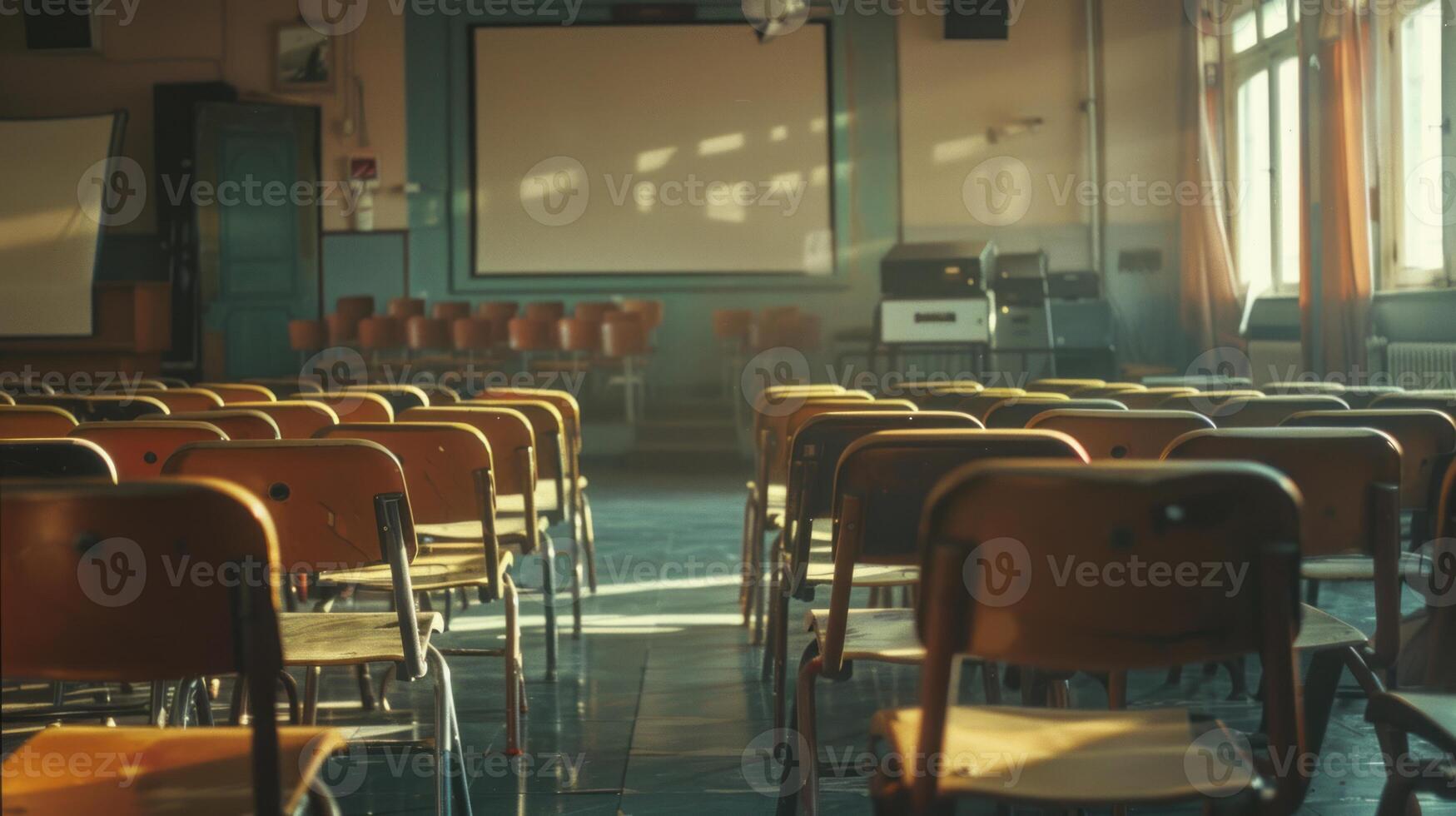 A classroom with empty chairs and a projector. The chairs are arranged in rows and the projector is on the wall. The room is empty and quiet, giving off a sense of emptiness and loneliness photo