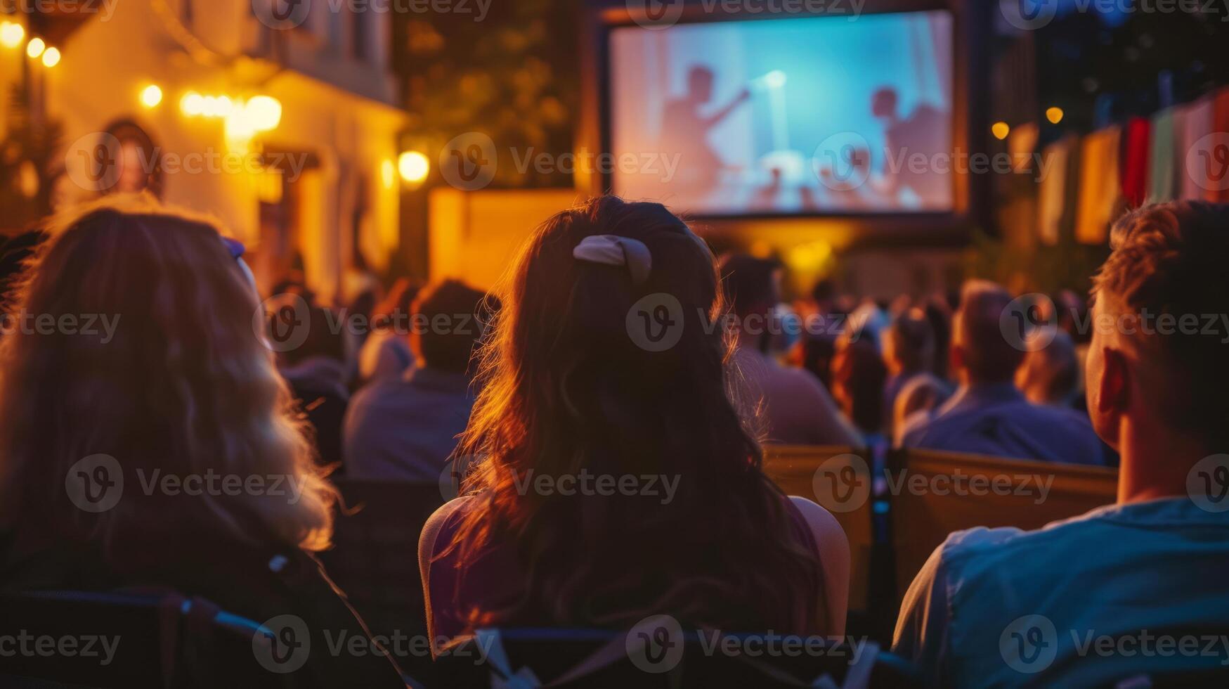 A group of people gathered together to enjoy a movie projected on a large screen. This image can be used to depict a movie night, cinema experience, or community event. photo