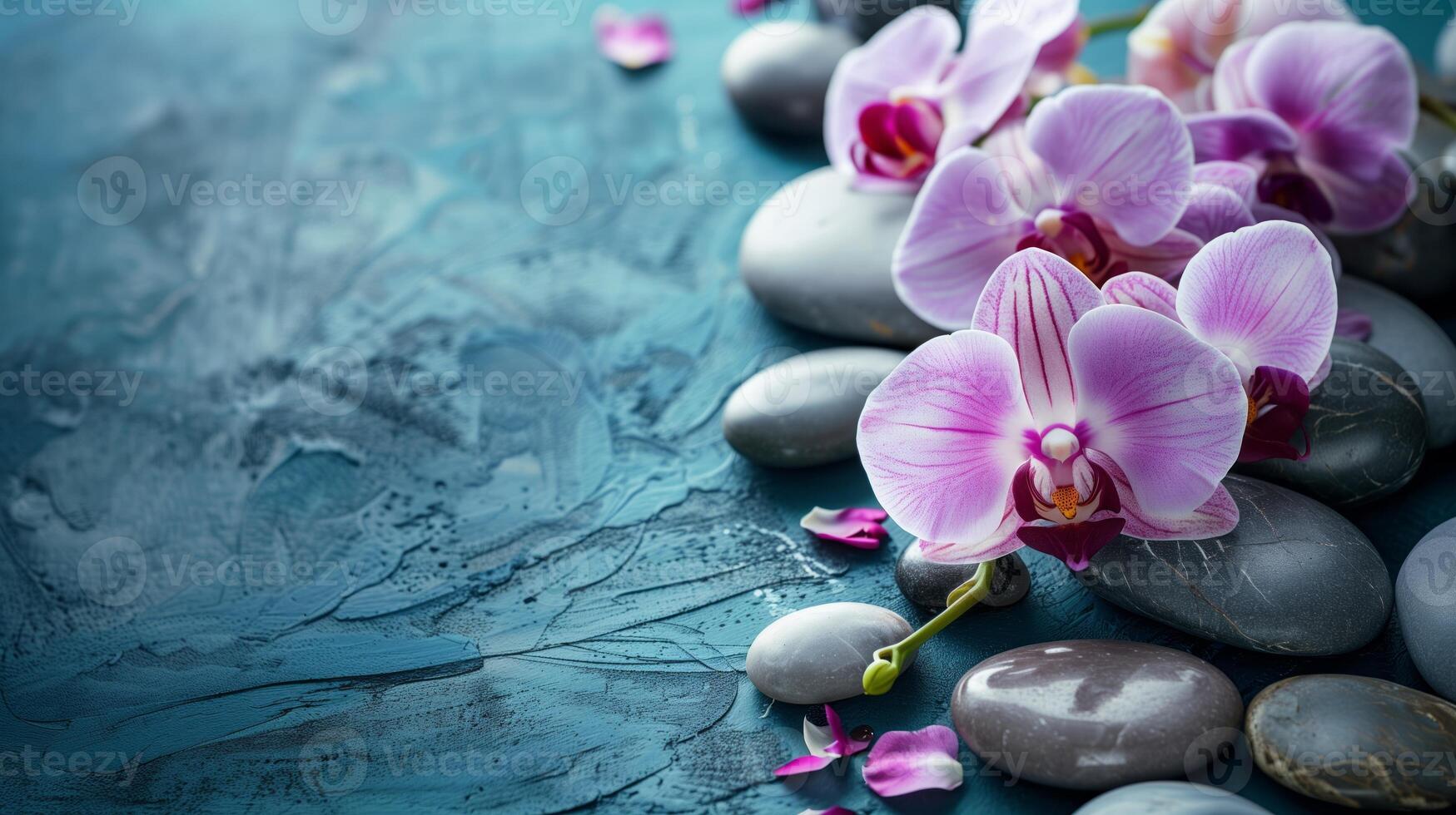 Spa treatment concept. Flowers of orchid and stones. Beautiful background with copy space. photo