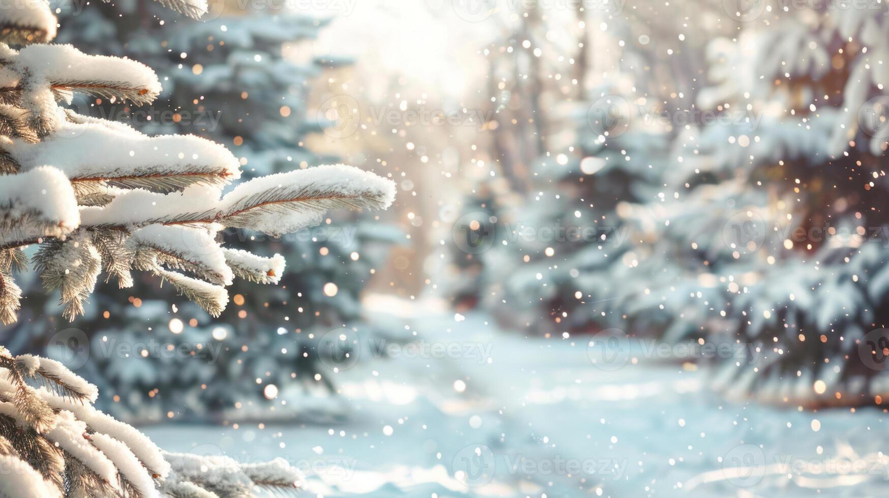beautiful New Year's white winter background with snow-covered fir trees in the forest close-up and a path between them, bokeh and space for text. photo
