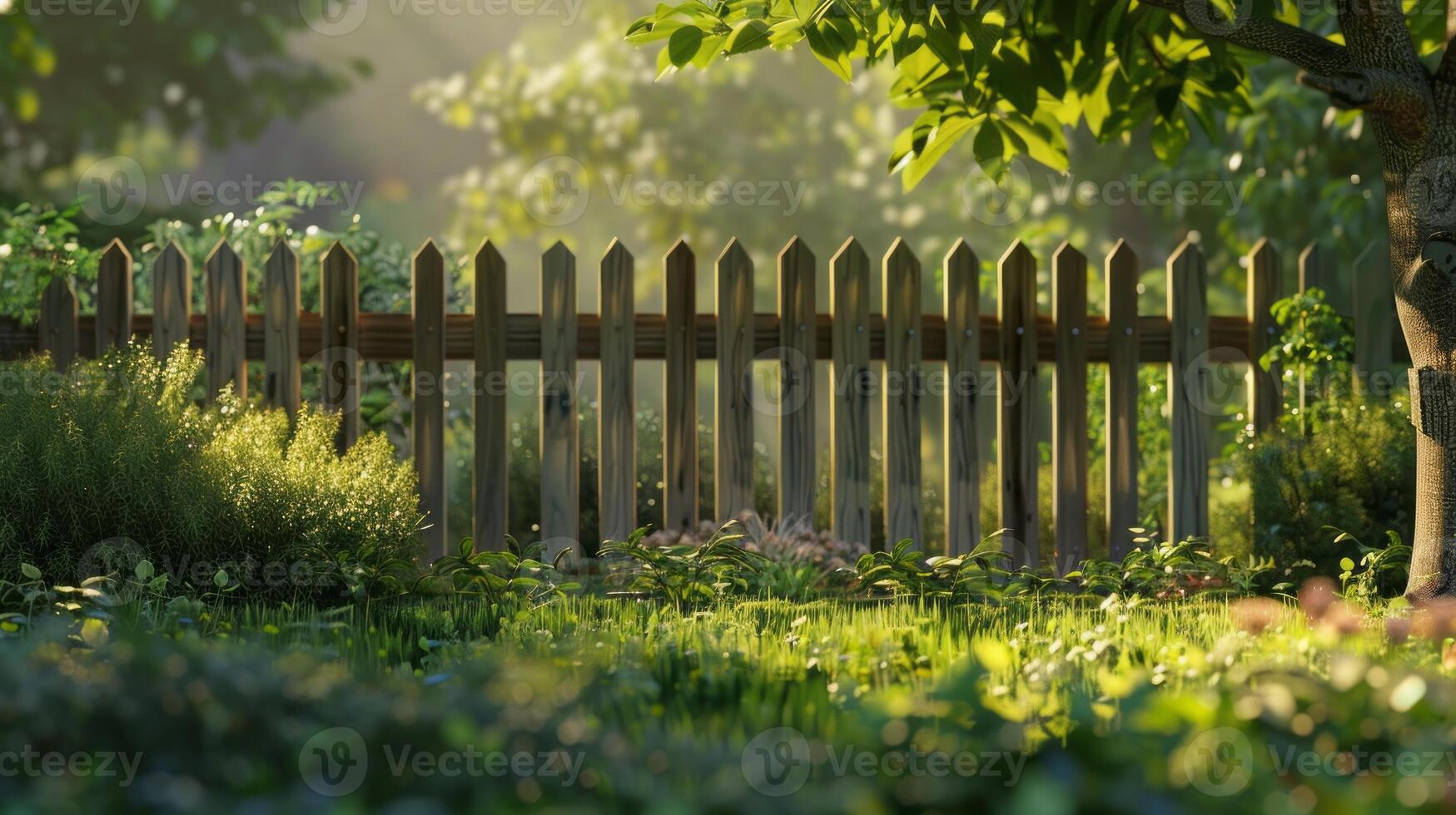 Serene garden scene with sunlit wooden fence and lush greenery in early morning. photo