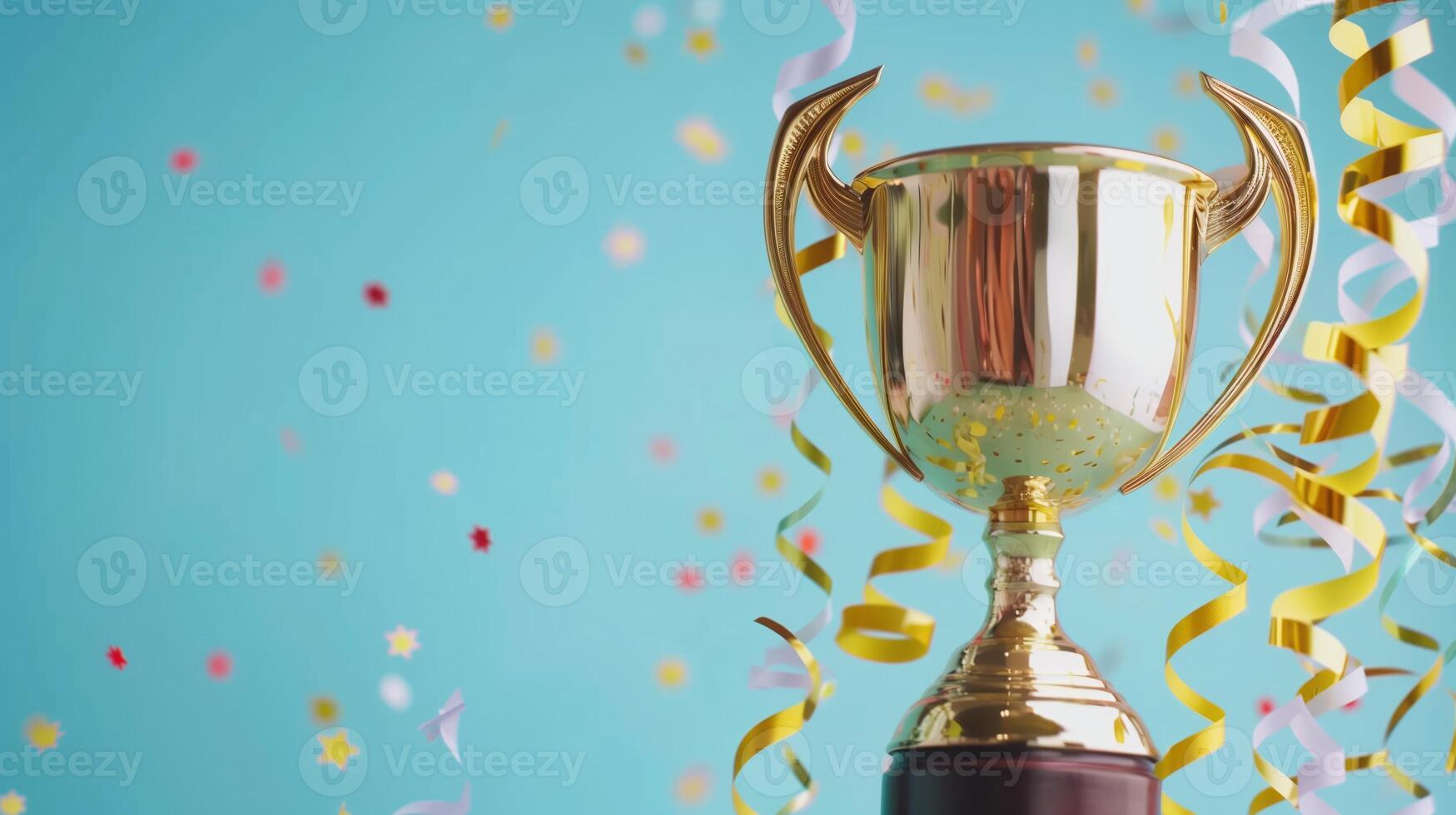 Golden trophy and streamers, business and competition concept, blue background. photo