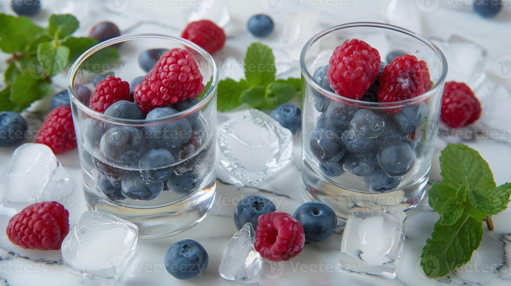 two glasses filled with blueberries and raspberries next to mint leaves and ice cubes on a marble surface. photo