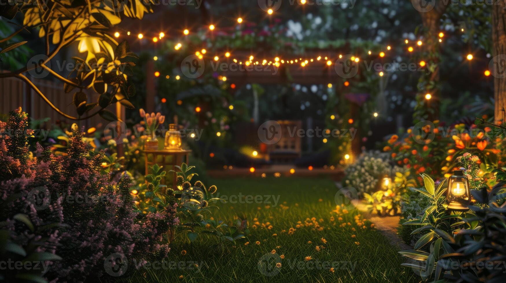 Evening Garden with Festive Lights. photo