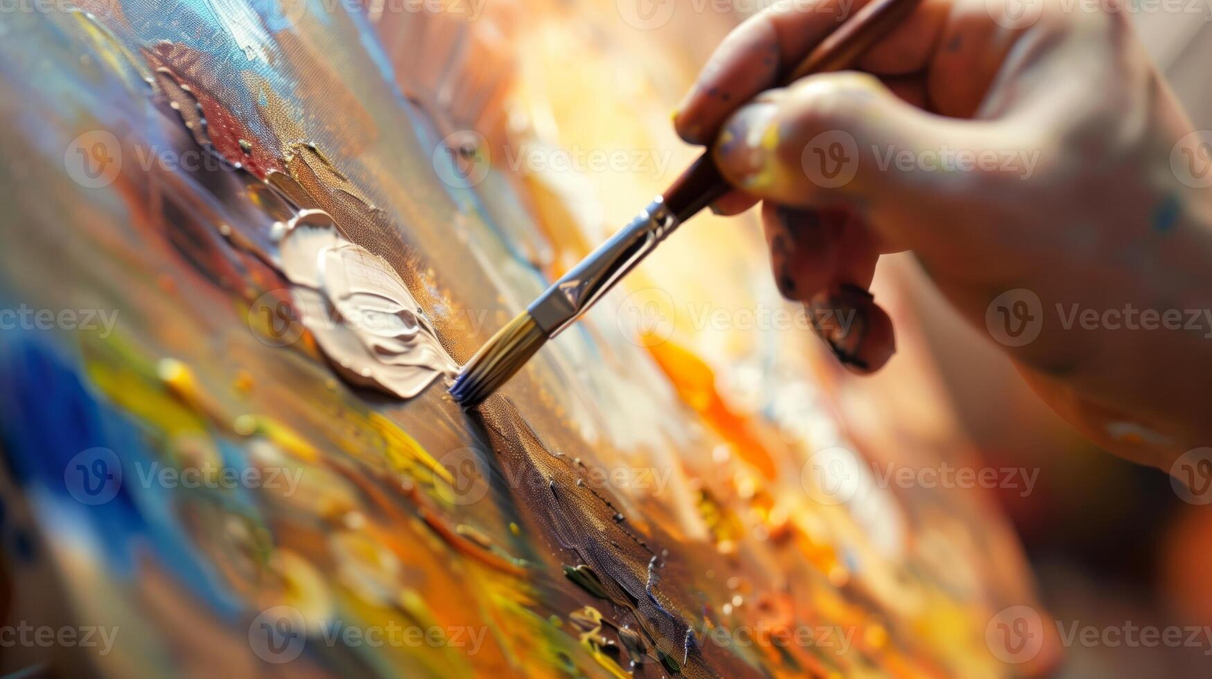 Art fair, close-up of artist's brush on canvas, creative expression in action. photo