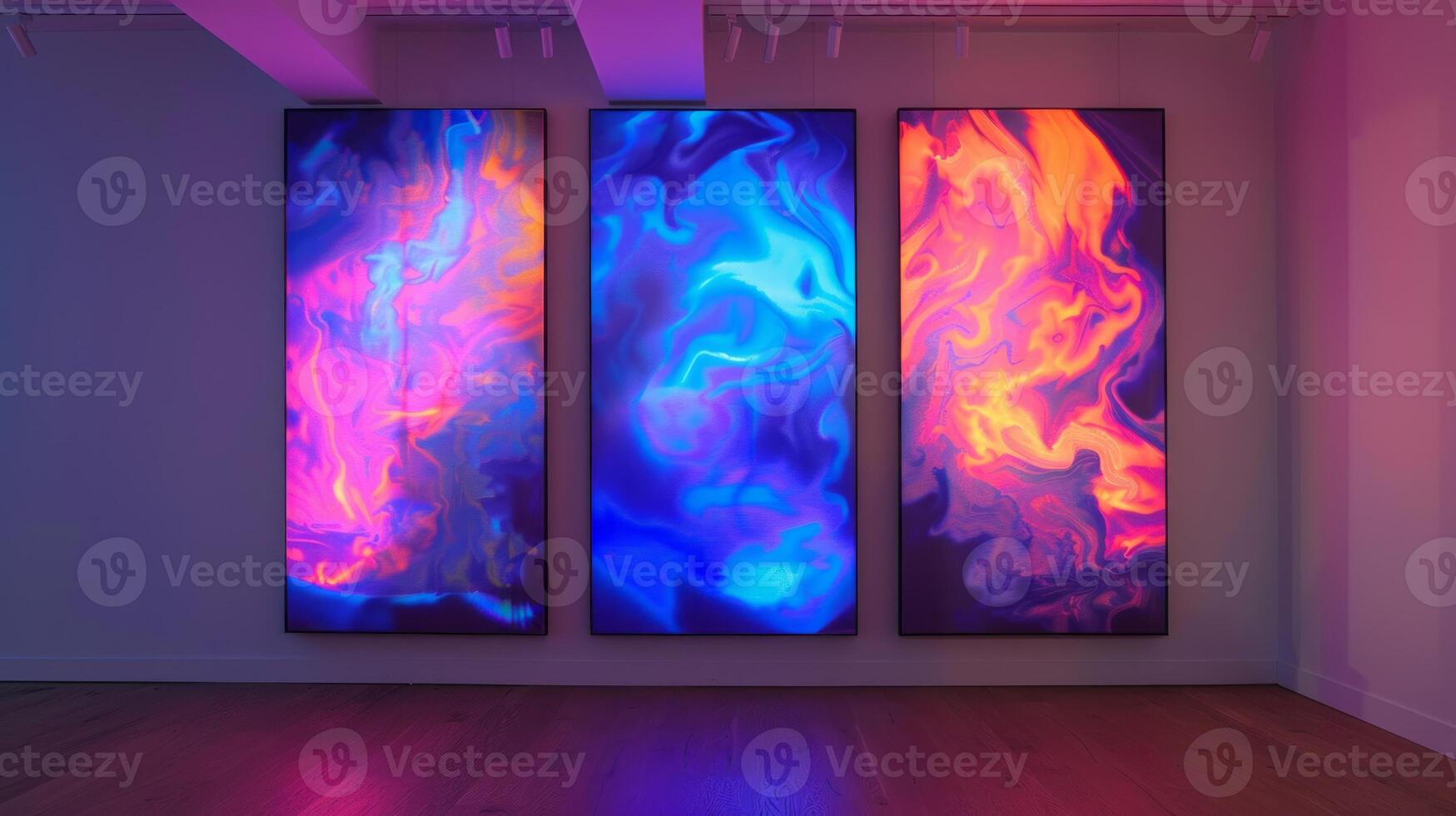 Triptych art featuring blue neon and gradient pink orange merging technology with art. photo