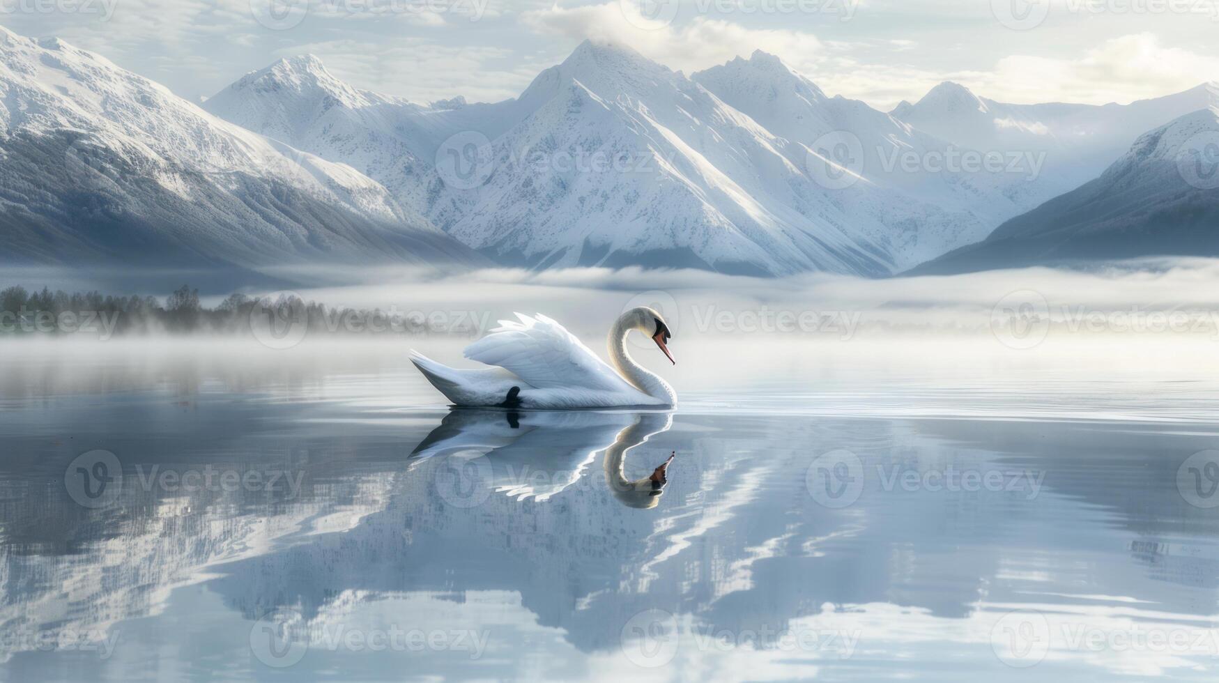 Majestic swan gracefully gliding on tranquil water with snowy mountain range in the background. photo