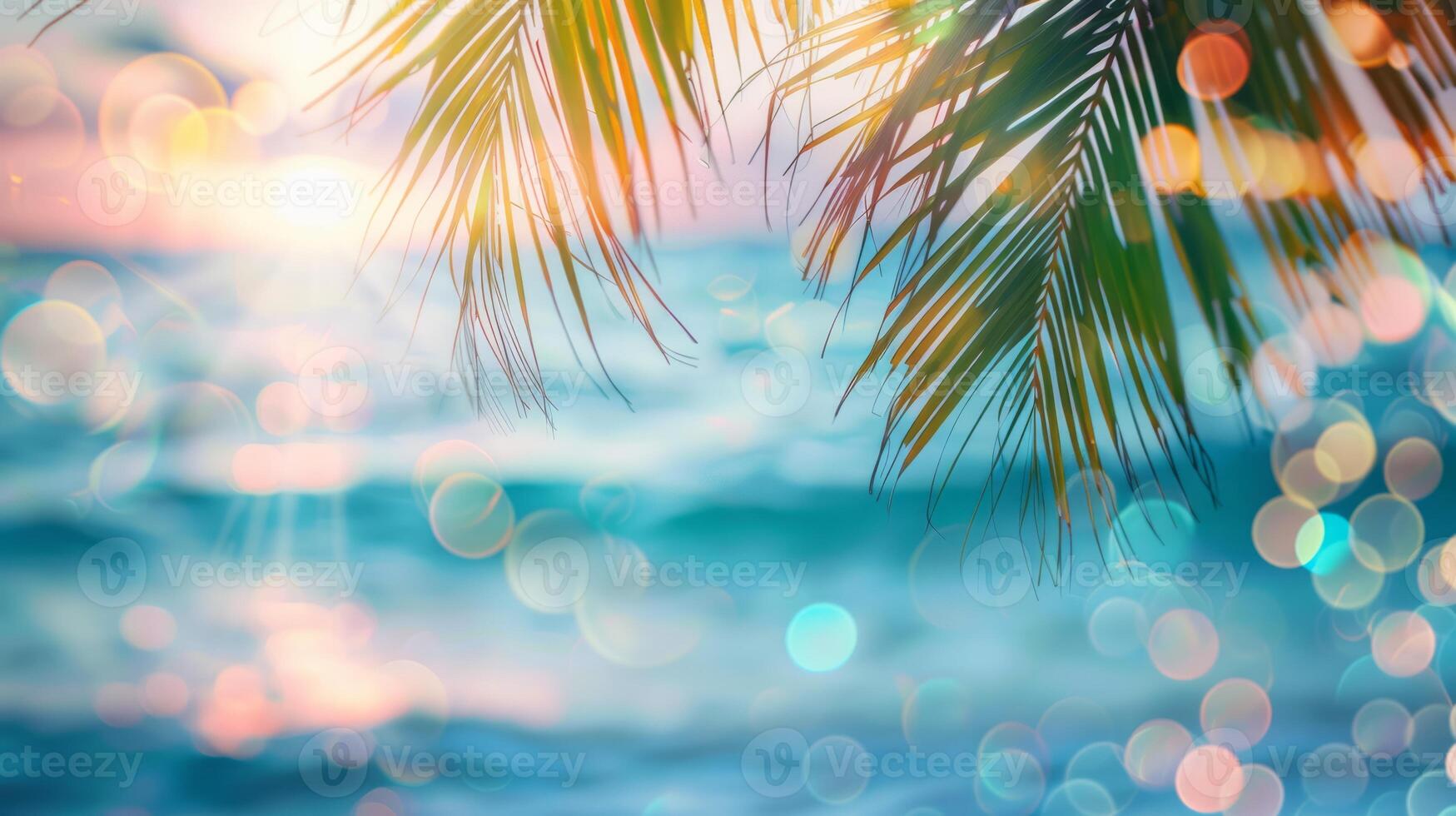 Beautiful beach of ocean, sea background. Palm leaves on tropical beach with bokeh sun light and splashes of waves. photo