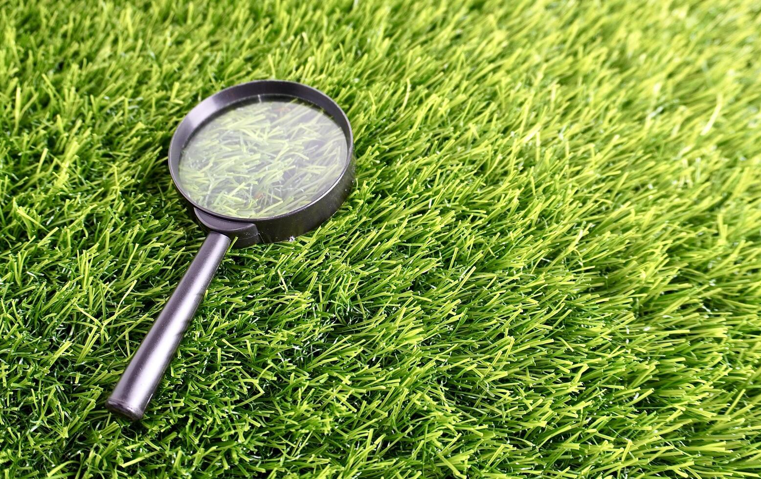 Magnifying glass with black frame and handle on top of grass field horizontal ratio background. Exploring nature themed photography. photo