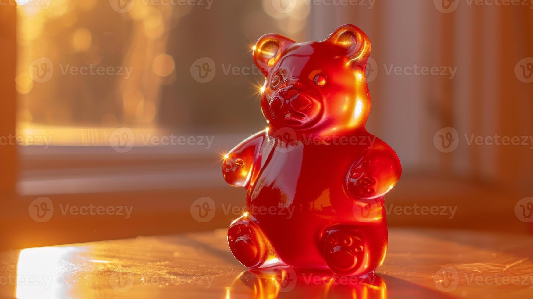 A shiny red gummy bear figurine bathed in sunlight with visible light streaks photo