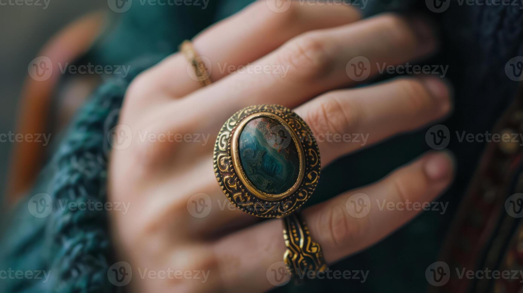 Antique Gold Ring with Moss Agate Stone photo