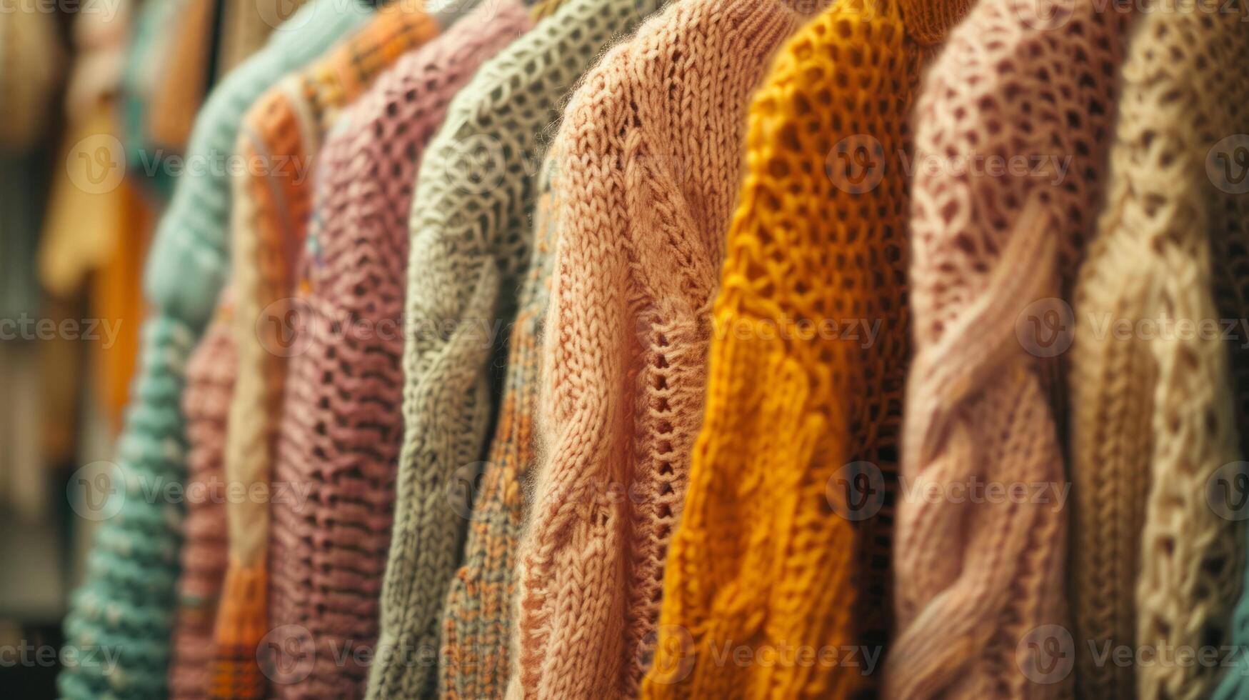 Bunch of knitted warm pastel color sweaters with different vertical knitting patterns hanging on the rack, clearly visible texture photo