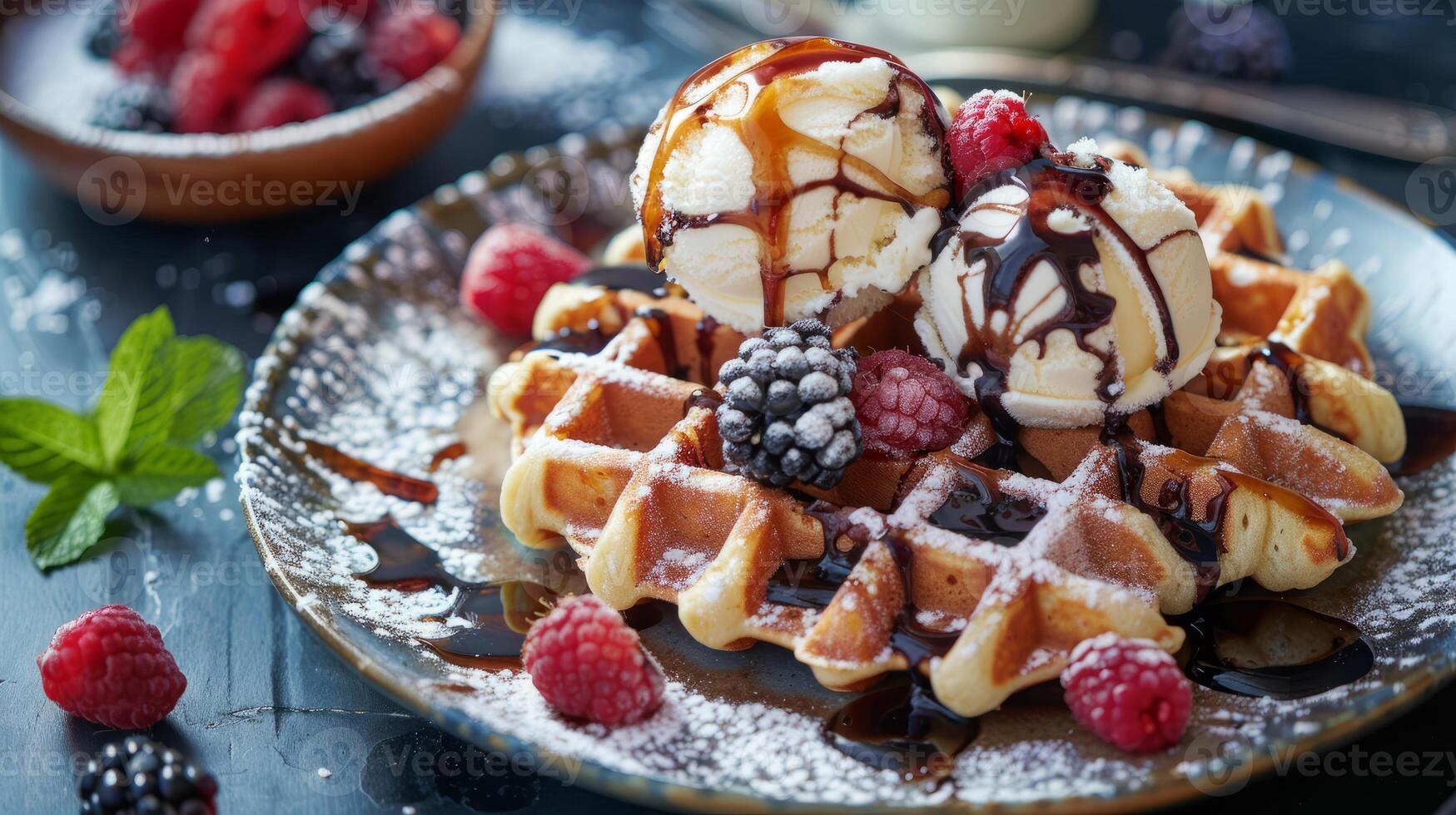 chocolate and caramel maple or honey syrup with ice cream scoop fresh baked waffles morning breakfast photo