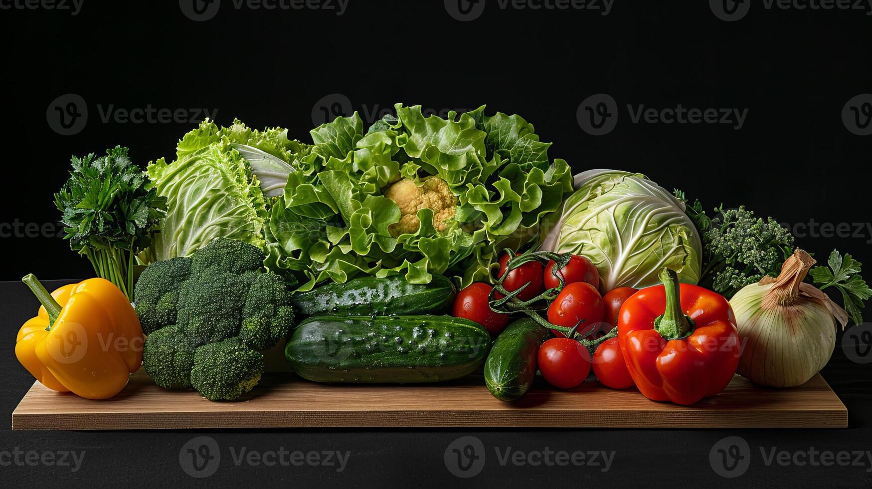 Set of vegetables on a board and black background, cabbage, broccoli, cucumbers, peppers, tomatoes, lettuce. photo