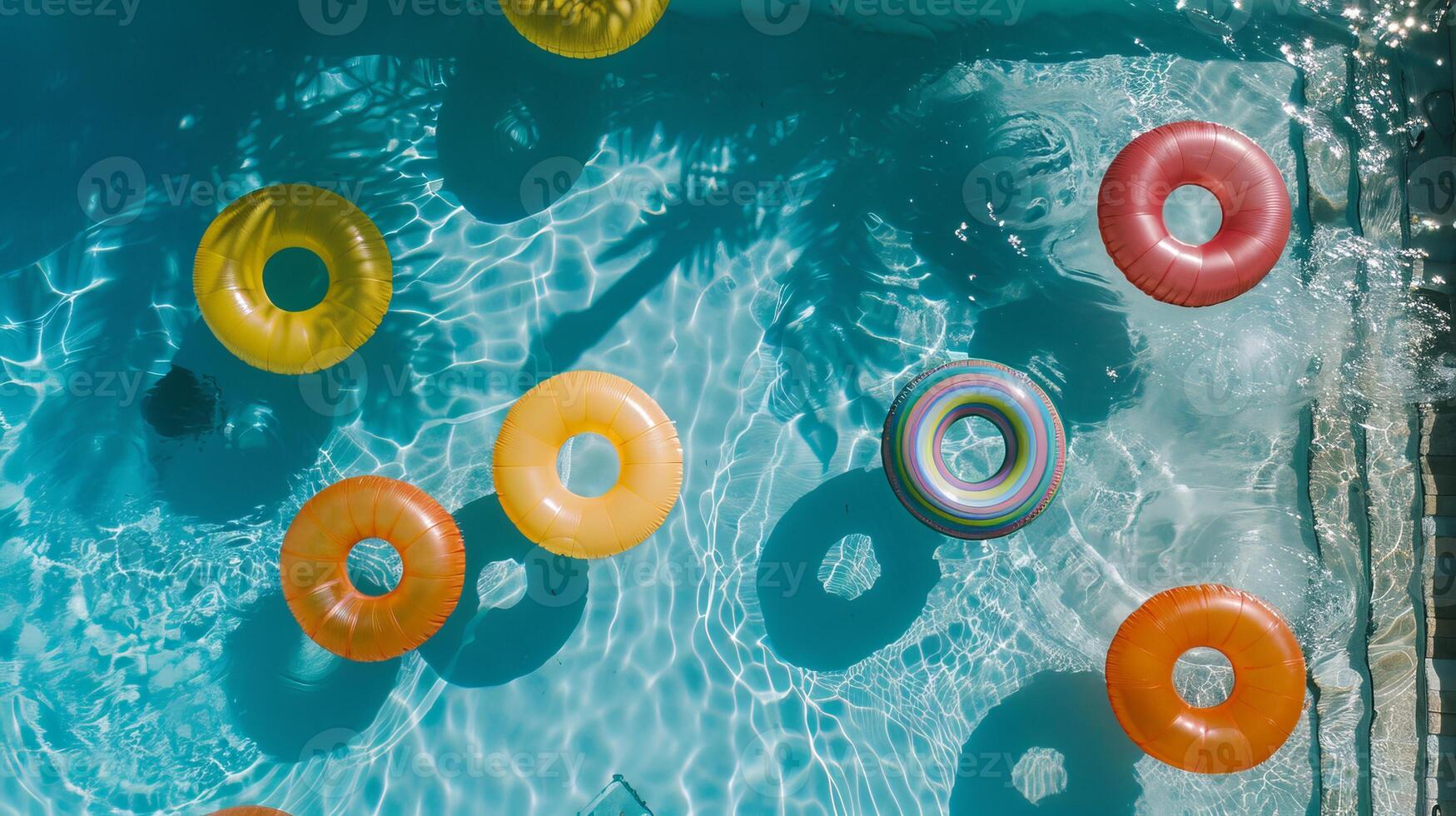Overhead view of a swimming pool with pool ring floats photo