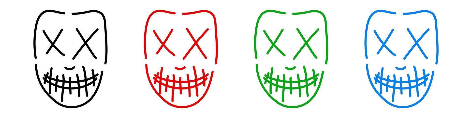 Neon green zombie mask. Creepy character with cross eyes and sewn mouth with fangs for halloween and party vector