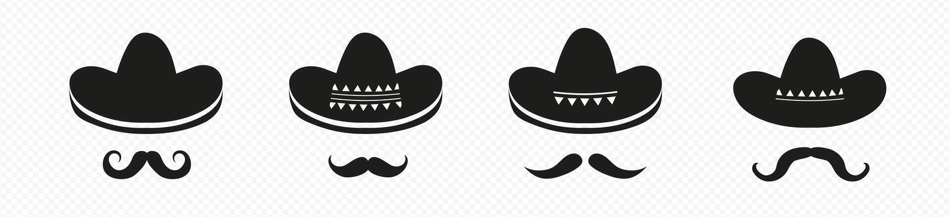 Black mexican sombrero hats with mustache set vector