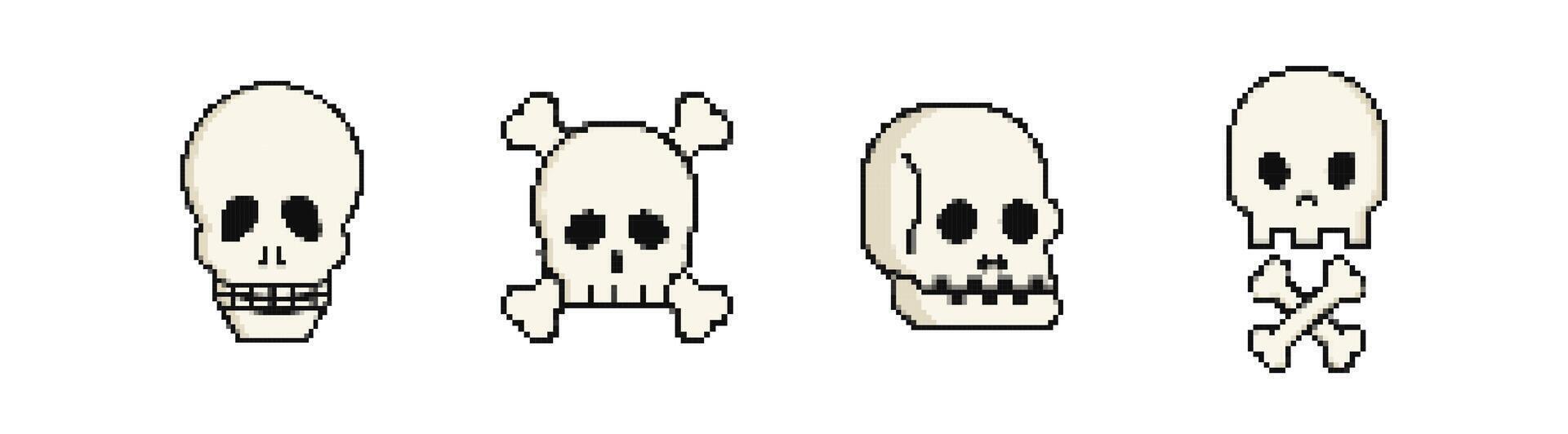 Pixel skulls with crossbones set vector