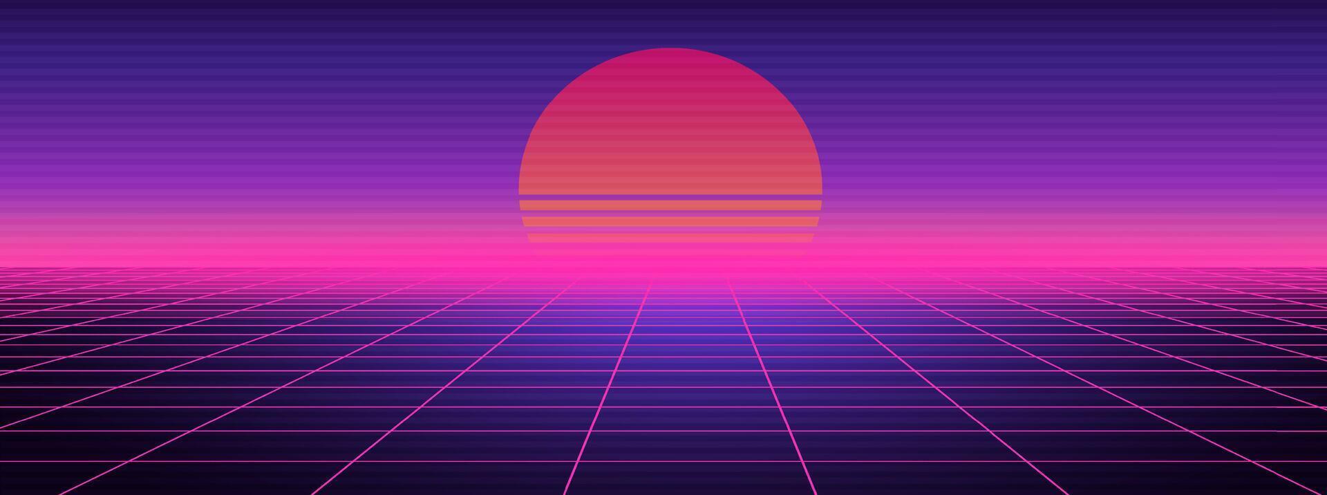 Synthwave purple futuristic background. Neon geometric grid light vector