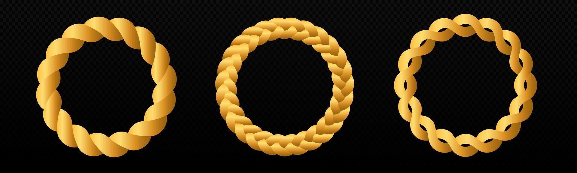Braid circle golden 3d frame. Round braided ring. Twisted rope vector