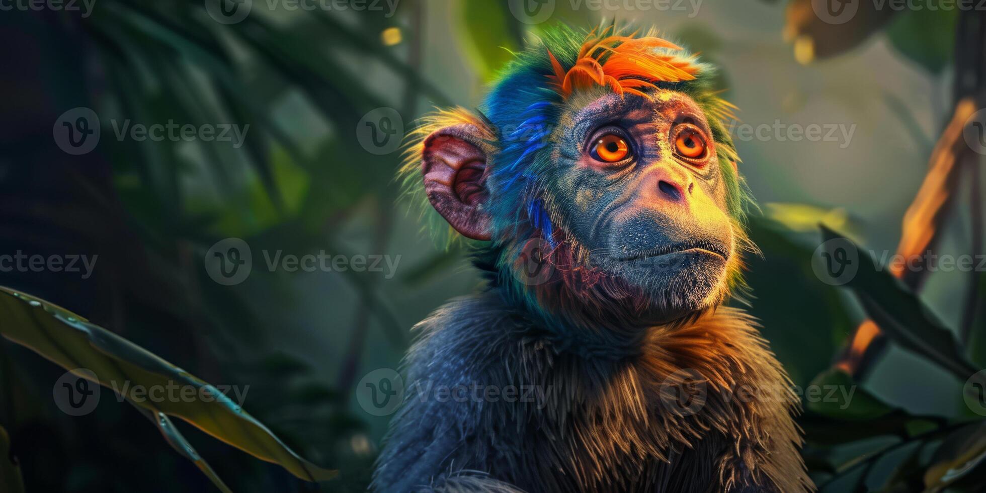 A colorful monkey with a blue and orange head is looking at the camera photo
