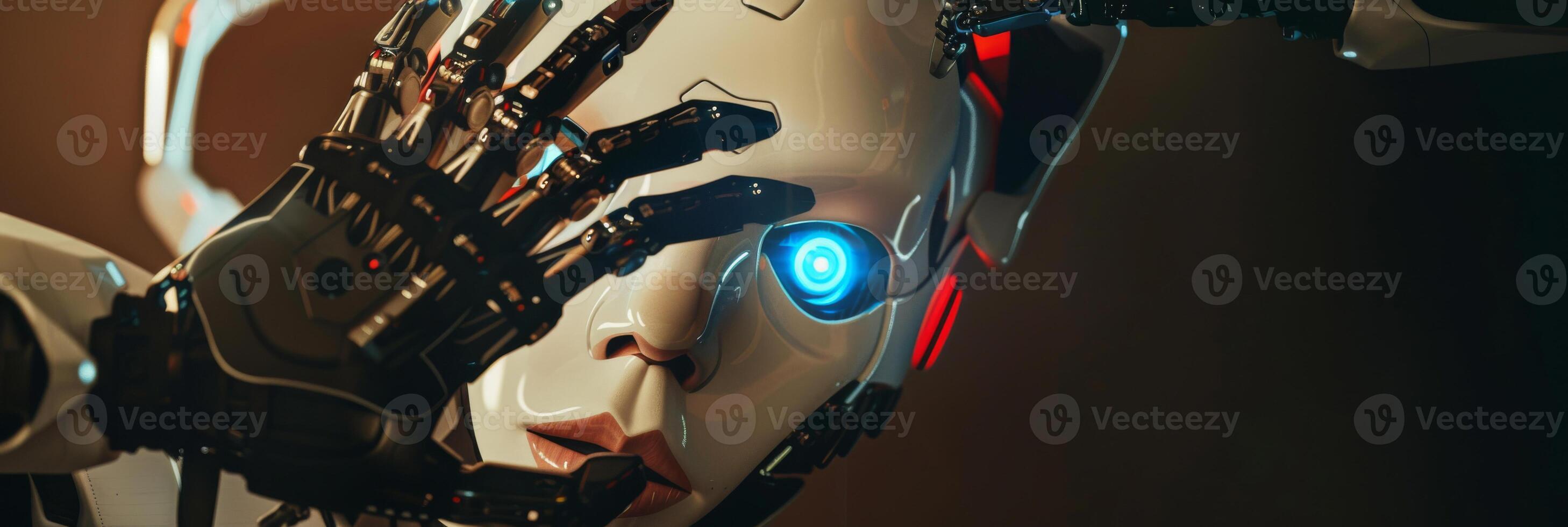 Futuristic Robot Hand Touching the Face of a Cyborg with Blue Eye photo