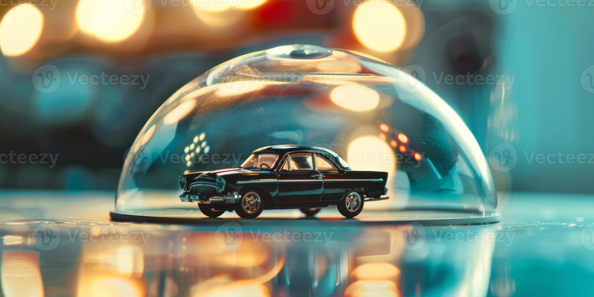 A small black car is inside a clear dome photo