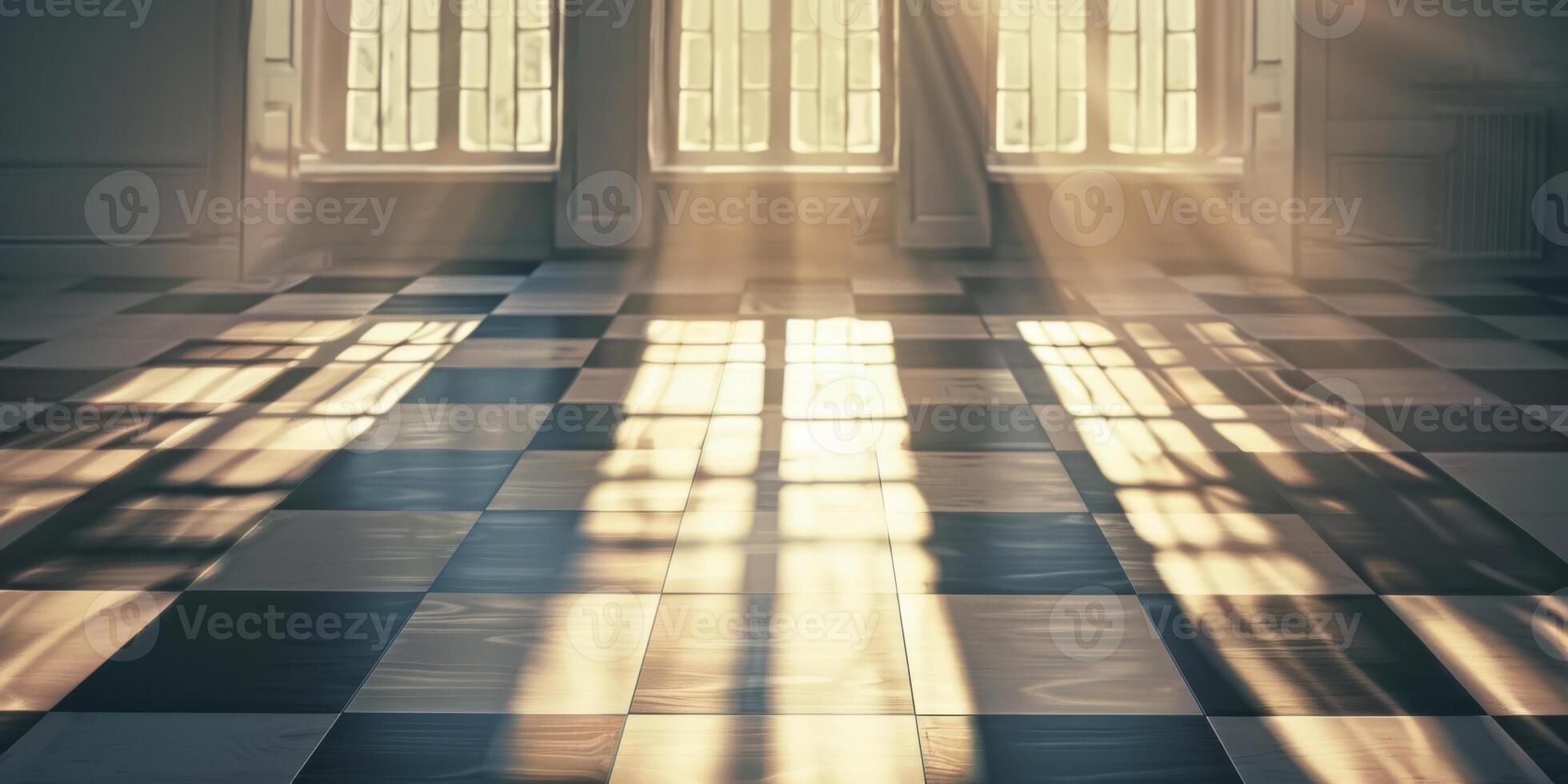 A checkered floor with sunlight shining through the windows photo