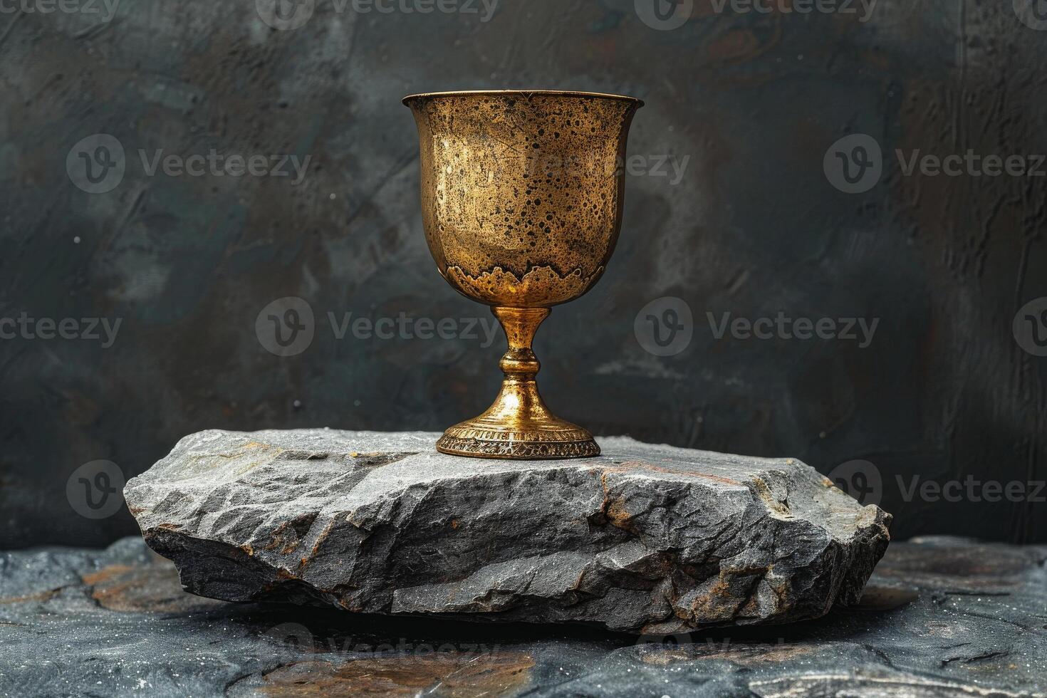A gold cup is sitting on a rock photo