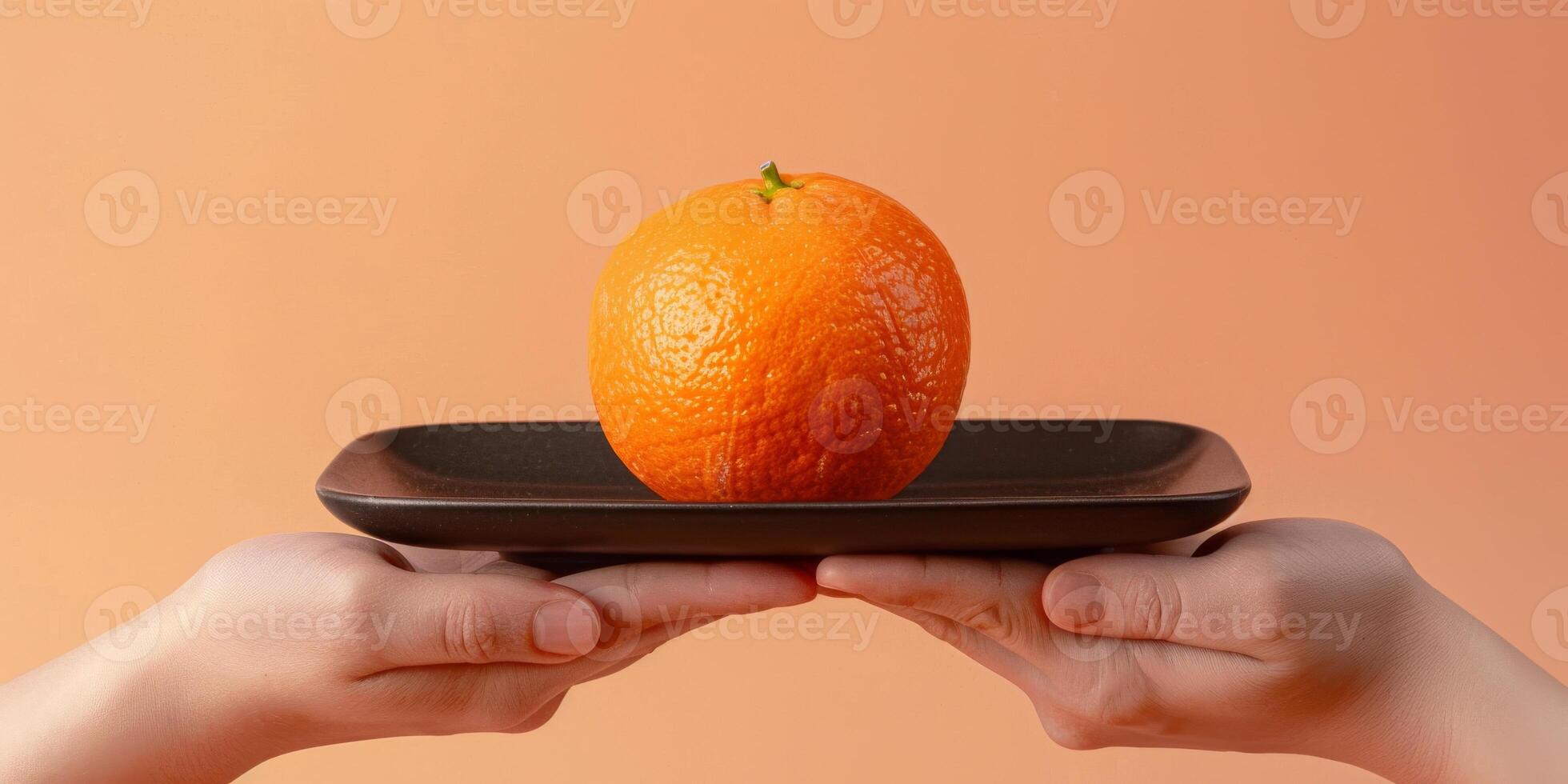 A person holding an orange on a plate photo