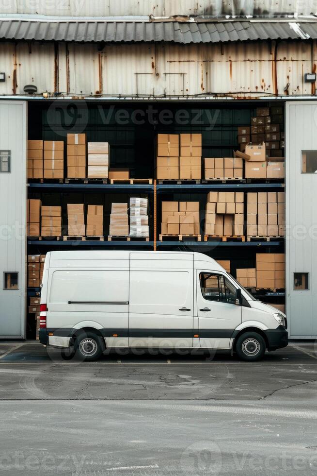 A white van is parked in front of a warehouse full of boxes photo