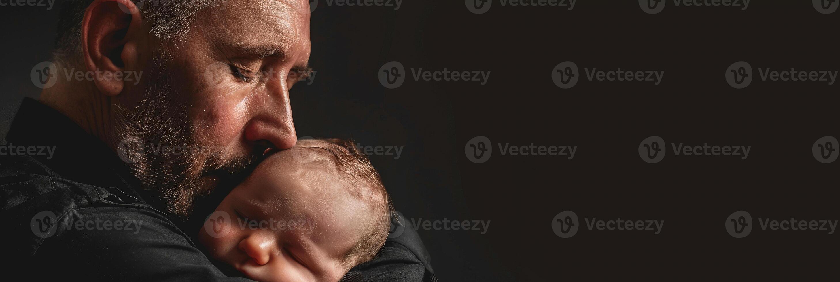 Middle Aged Caucasian Man Holding a Sleeping Baby in a Tender Embrace photo