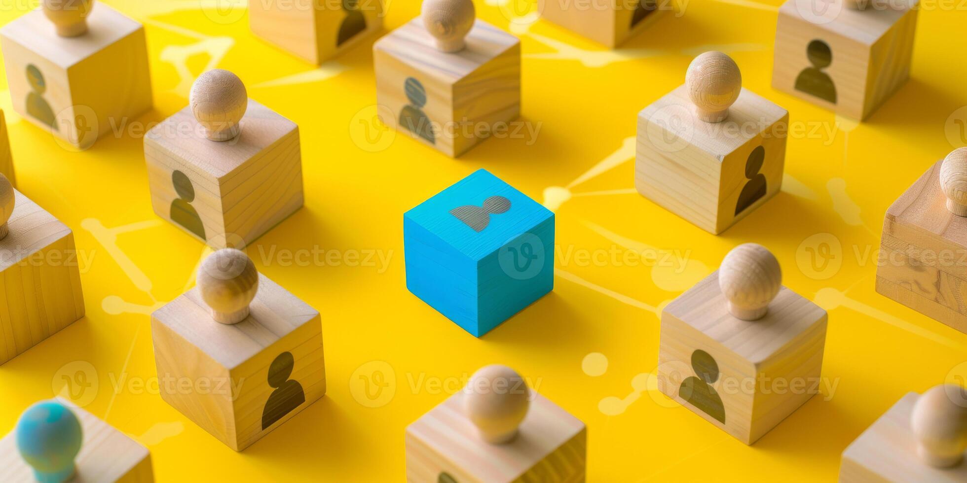 Network of Wooden Cubes Each with Simple Human Icon on Yellow Background photo