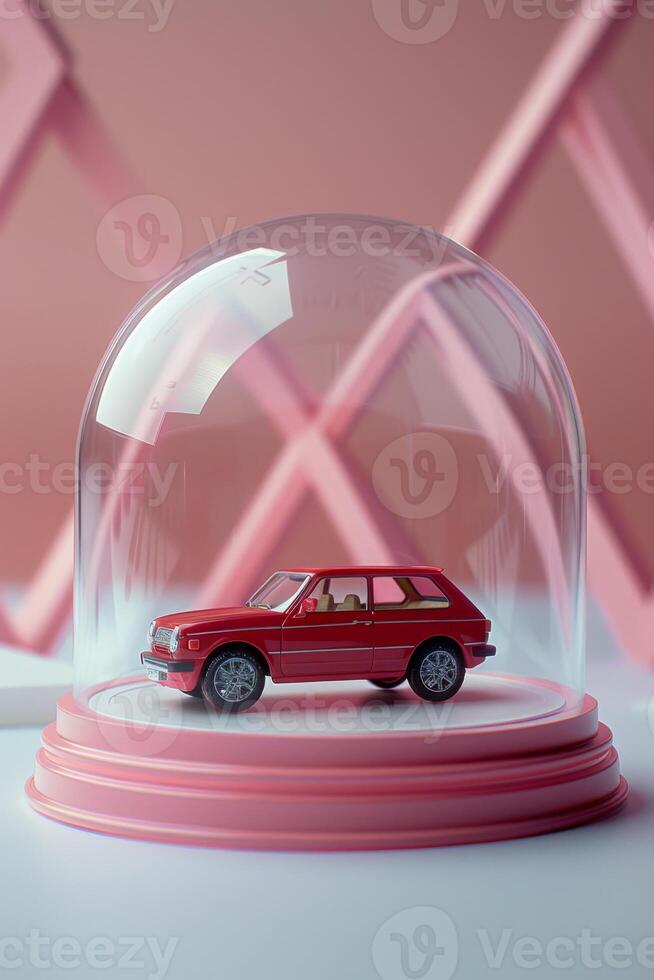 Small Red Car Model Enclosed Under a Clear Dome photo