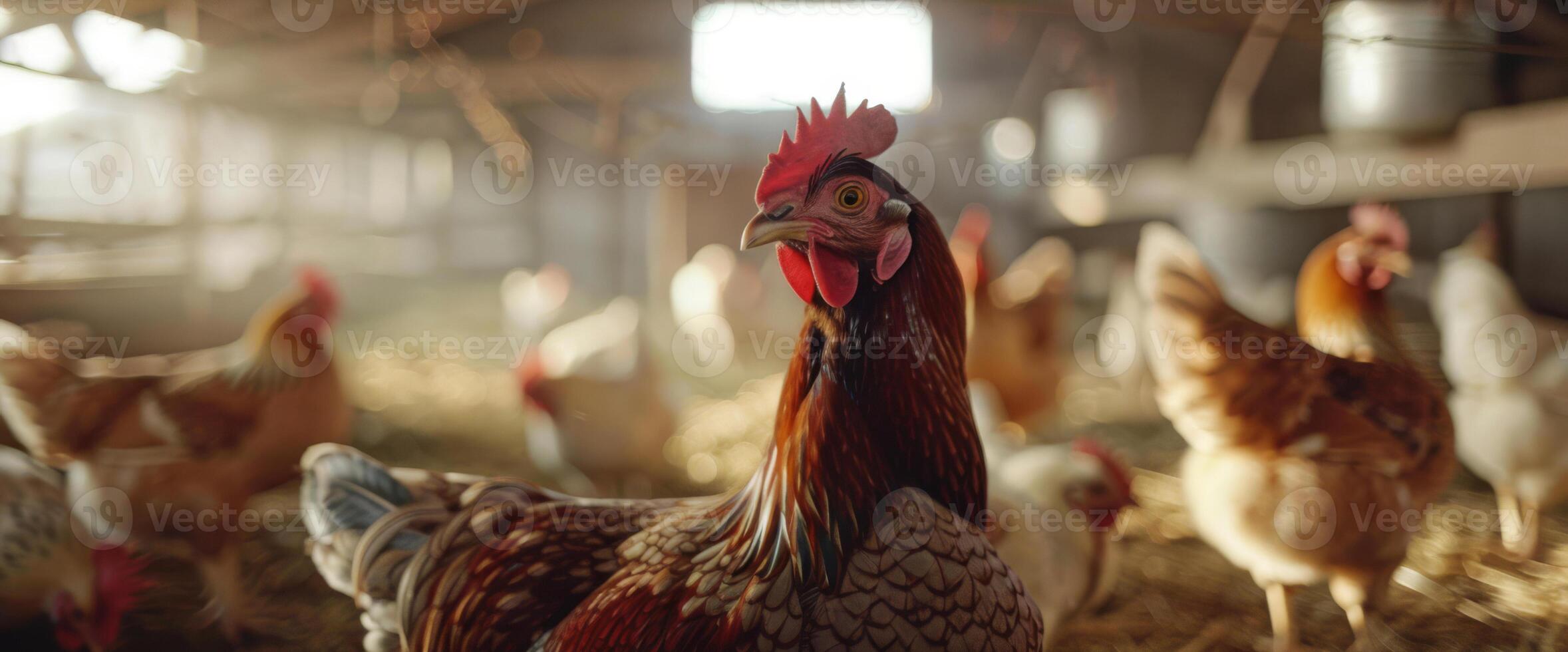 Dominant Rooster Leading the Flock in a Sunlit Barn photo